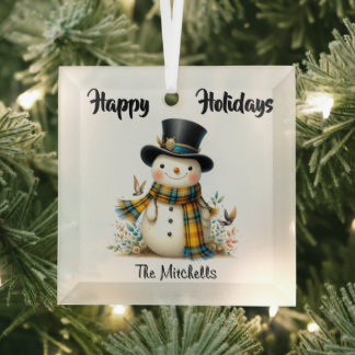 Cute Whimsical Snowman Glass Ornament 