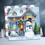 Cute Whimsical Snowman in the Front Yard Christmas<br><div class="desc">Personalized Christmas card. A cute watercolor illustration of a snowman in front of a suburban Victorian house in a sweet cozy neighbourhood. Snowman has blue scarf and top hat on.</div>