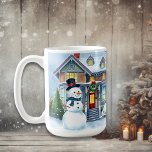 Cute Whimsical Snowman in the Front Yard Christmas Coffee Mug<br><div class="desc">A cute watercolor illustration of a snowman in front of a suburban Victorian house in a sweet cozy neighbourhood. Snowman has blue scarf and top hat on.</div>