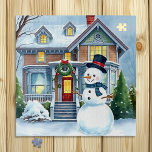 Cute Whimsical Snowman in the Front Yard Christmas Jigsaw Puzzle<br><div class="desc">A cute watercolor illustration of a snowman in front of a suburban Victorian house in a sweet cozy neighbourhood. Snowman has blue scarf and tophat on.</div>