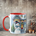 Cute Whimsical Snowman in the Front Yard Christmas Mug<br><div class="desc">A cute watercolor illustration of a snowman in front of a suburban Victorian house in a sweet cozy neighbourhood. Snowman has blue scarf and top hat on.</div>