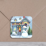 Cute Whimsical Snowman in the Front Yard Christmas Square Sticker<br><div class="desc">. A cute watercolor illustration of a snowman in front of a suburban Victorian house in a sweet cozy neighbourhood. Snowman has blue scarf and top hat on.</div>