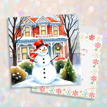 Cute Whimsical Snowman in the Suburbs Christmas<br><div class="desc">Personalized traditional Christmas card. A cute watercolor illustration of a snowman in front of a suburban Victorian house in a sweet cozy neighbourhood.</div>