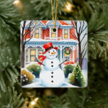 Cute Whimsical Snowman in the Suburbs Christmas Ceramic Ornament<br><div class="desc">Personalized Christmas ornament. A cute watercolor illustration of a snowman in front of a suburban Victorian house in a sweet cozy neighbourhood.</div>