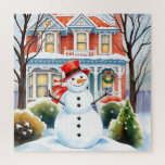 Cute Whimsical Snowman in the Suburbs Christmas Jigsaw Puzzle<br><div class="desc">A cute watercolor illustration of a snowman in front of a suburban Victorian house in a sweet cozy neighbourhood.</div>