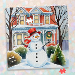 Cute Whimsical Snowman in the Suburbs Christmas Jigsaw Puzzle<br><div class="desc">A cute watercolor illustration of a snowman in front of a suburban Victorian house in a sweet cozy neighbourhood.</div>