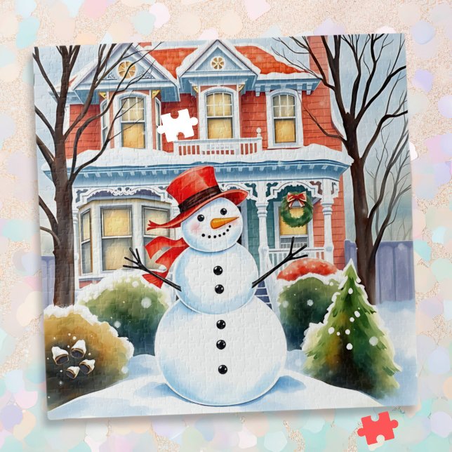Cute Whimsical Snowman in the Suburbs Christmas Jigsaw Puzzle (Creator Uploaded)