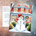 Cute Whimsical Snowman in the Suburbs Christmas Postcard<br><div class="desc">Personalized traditional Christmas postcard. A cute watercolor illustration of a snowman in front of a suburban Victorian house in a sweet cozy neighbourhood. Add your own holiday greeting and family names in the personalize area.</div>