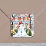 Cute Whimsical Snowman in the Suburbs Christmas Square Sticker<br><div class="desc">Traditional Christmas stickers. A cute watercolor illustration of a snowman in front of a suburban Victorian house in a sweet cozy neighbourhood.</div>