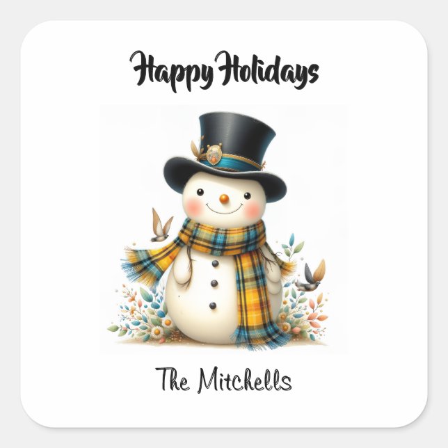 Cute Whimsical Snowman Square Sticker (Devant)
