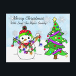 Cute Whimsical Snowman with Christmas Lights Postcard<br><div class="desc">Cute Whimsical Snowman with Christmas Lights with Christmas tree and snowflakes in the background personalized postcard Christmas card, </div>