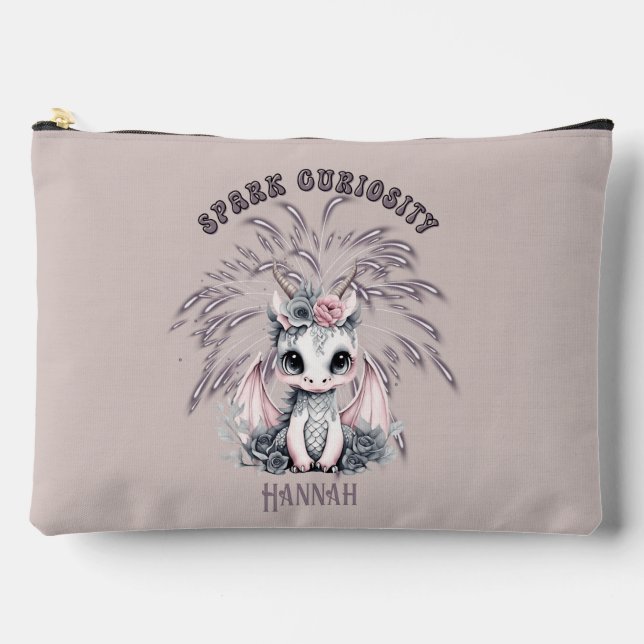 Cute Whimsical "Spark Curiosity" Little Dragon  Accessory Pouch (Front)
