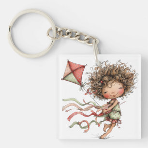 CUTE WHIMSICAL SUMMER GIRL WITH KITE KEYCHAIN
