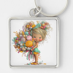 CUTE WHIMSICAL SUMMER GIRL WITH TINY FLOWERS KEYCHAIN