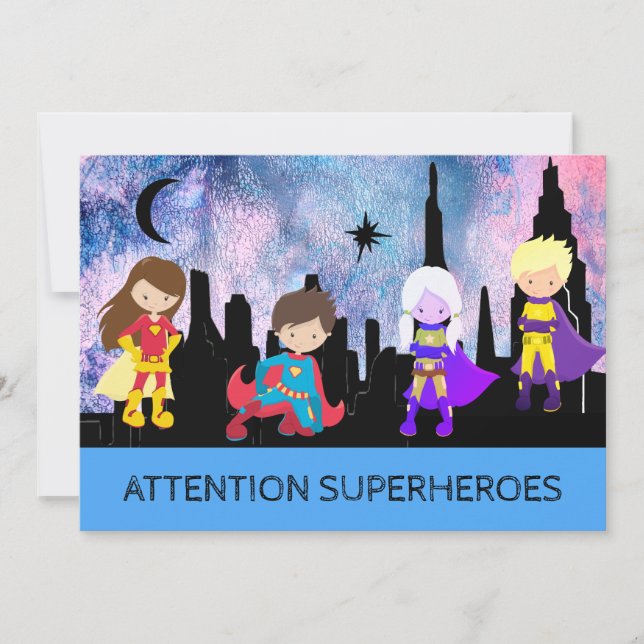 *~* Cute Whimsical SUPERHEROS Kids Birthday Party Invitation (Front)