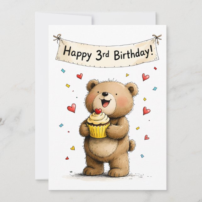 Cute Whimsical Teddy Bear Happy 3rd Birthday Flat Card (Front)
