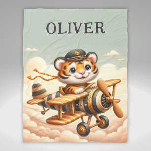 Cute Whimsical Tiny Flying Tiger on a Plane Fleece Blanket