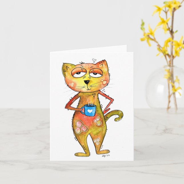 Cute Whimsical Tired Cat Drinking Coffee Card (Yellow Flower)