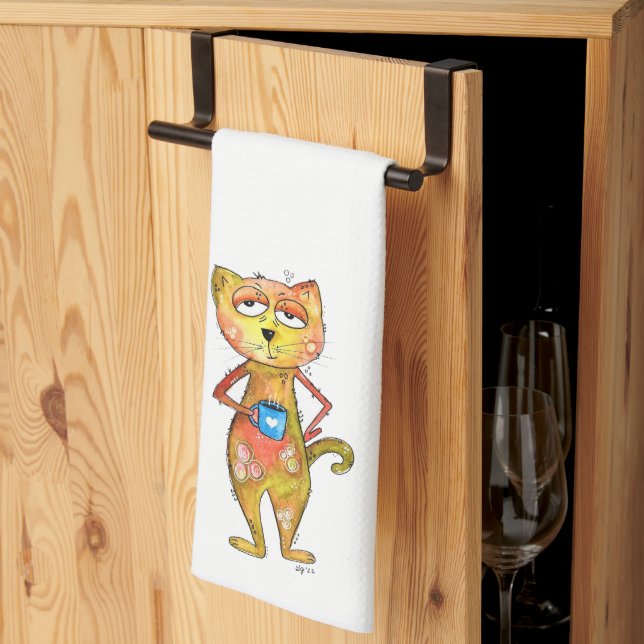 Cute Whimsical Tired Cat Drinking Coffee Kitchen Towel (Thirds Fold)