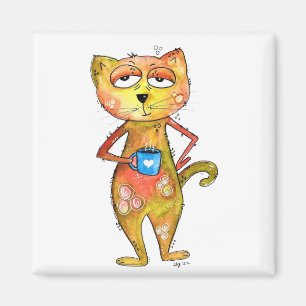 Cute Whimsical Tired Cat Drinking Coffee Magnet