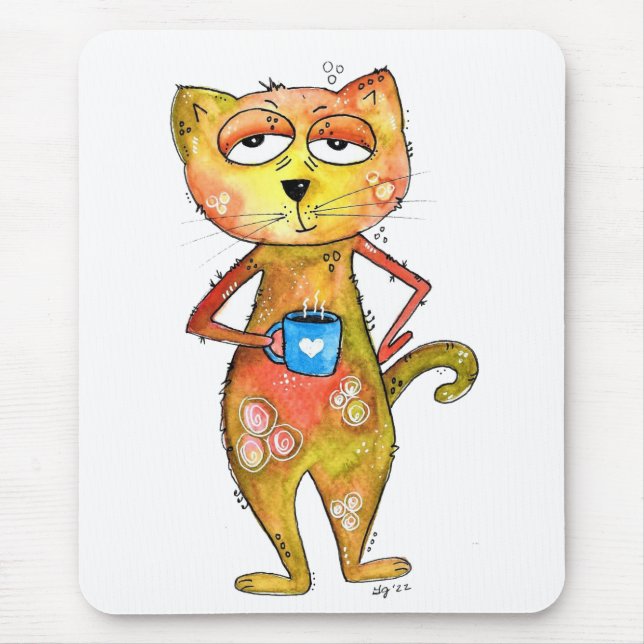 Cute Whimsical Tired Cat Drinking Coffee Mouse Pad (Front)