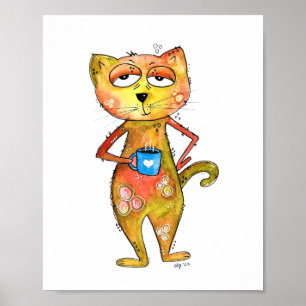 Cute Whimsical Tired Cat Drinking Coffee Poster