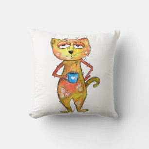 Cute Whimsical Tired Cat Drinking Coffee Throw Pillow