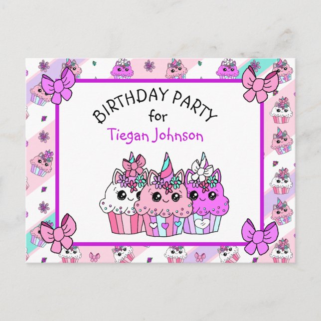 Cute Whimsical Unicorn Cupcake Invitations d'anniv (Devant)