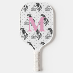 Cute Whimsical Unicorn Pattern Kids Monogram Pickleball Paddle
