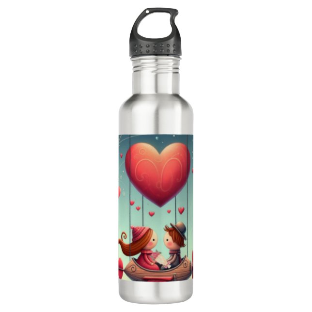 Cute whimsical Valentine's Day heart plane 710 Ml Water Bottle (Front)