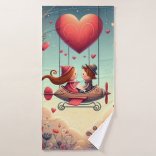 Cute whimsical Valentine's Day heart plane Bath Towel