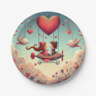 Cute whimsical Valentine's Day heart plane Paper Plate