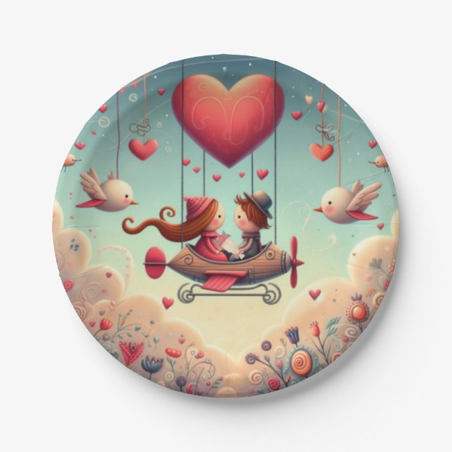 Cute whimsical Valentine's Day heart plane Paper Plate (Front)