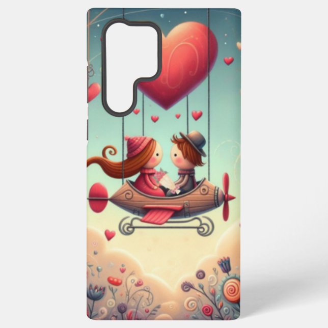 Cute whimsical Valentine's Day heart plane Samsung Galaxy S22 Ultra Case (Back)