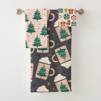 Cute Whimsical Vintage Scandinavian Christmas Pink Bath Towel Set