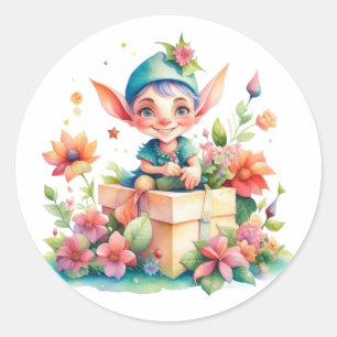 Cute Whimsical Watercolor Christmas Elf Classic Round Sticker