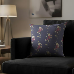 Cute Whimsical Watercolor Floral Pattern Blue Throw Pillow