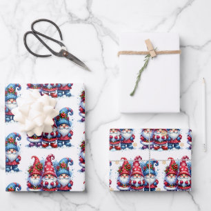 Cute Whimsical Watercolor Holiday Gnomes Wrapping Paper Sheet