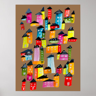 Cute whimsical watercolor houses poster