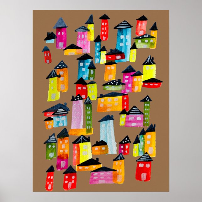 Cute whimsical watercolor houses poster (Front)