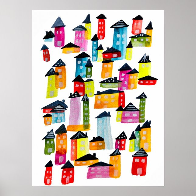 Cute whimsical watercolor houses poster (Front)