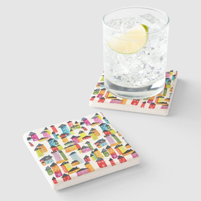 Cute whimsical watercolor houses stone coaster (Side)
