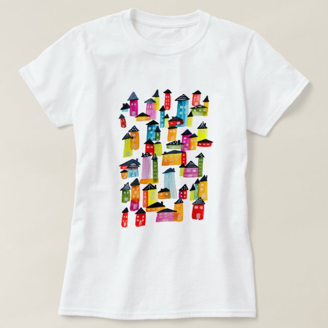 Cute whimsical watercolor houses T-Shirt (Design Front)