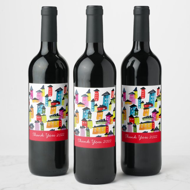 Cute whimsical watercolor houses wine label (Bottles)