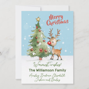 Cute Whimsical Watercolor Reindeer Christmas Tree Holiday Card