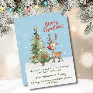 Cute Whimsical Watercolor Reindeer Christmas Tree Holiday Card