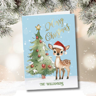Cute Whimsical Watercolor Reindeer Christmas Tree  Holiday Card