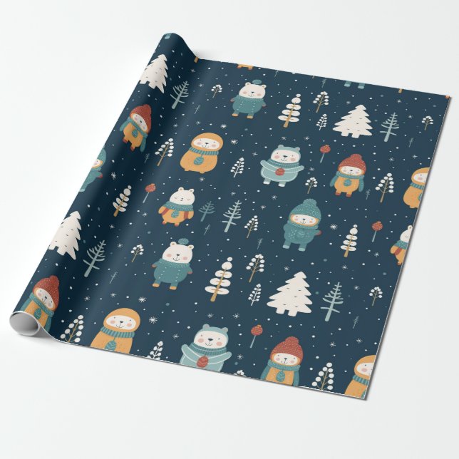 Cute Whimsical Winter Bear Christmas  Wrapping Paper (Unrolled)