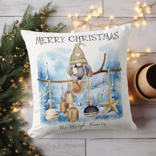 Cute Whimsical Winter Lady Gnome Merry Christmas Throw Pillow (Cute Whimsical Winter Lady Gnome Merry Christmas Throw Pillow-Unique Design, Watercolor Illustration)