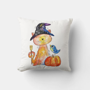 Cute Whimsical Witch Cat with Pumpkin Throw Pillow